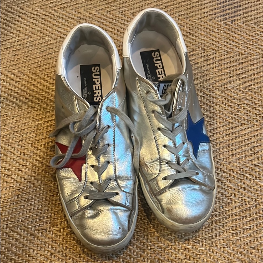 Golden Goose Silver Athletic Shoes with Red and Blue Stars. Size 41.